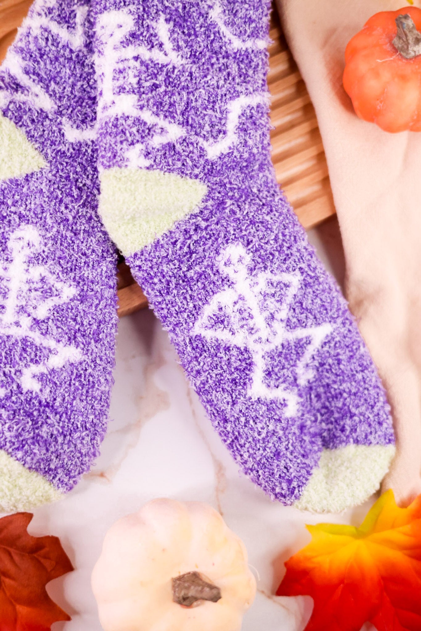 Purple Skeleton Print Fuzzy Crew Socks