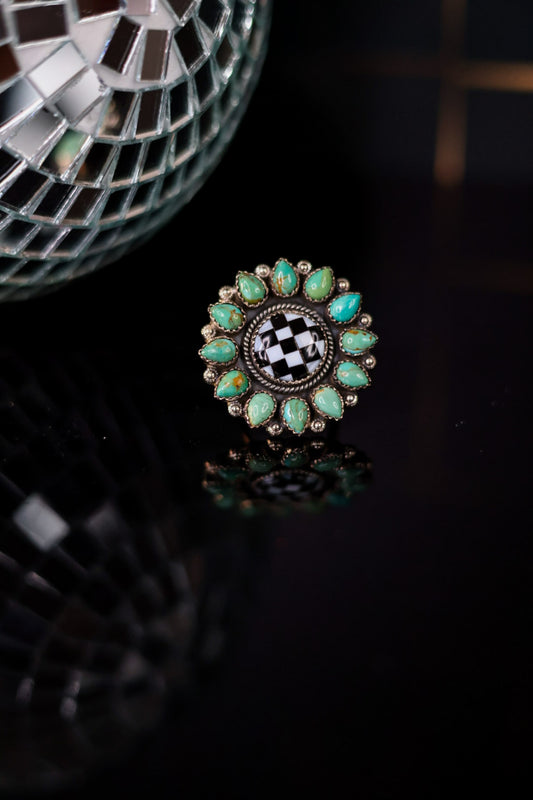 Turquoise & Checkered Sunflower Ring