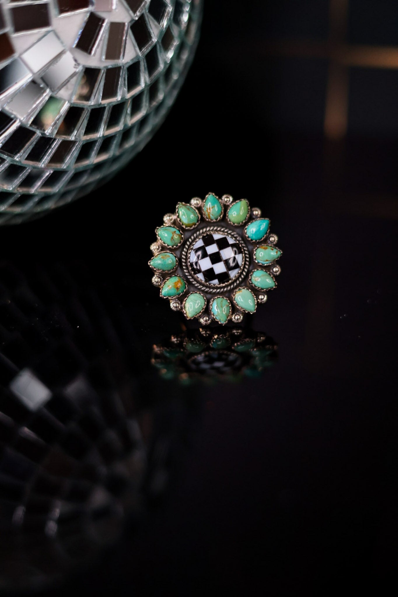 Turquoise & Checkered Sunflower Ring