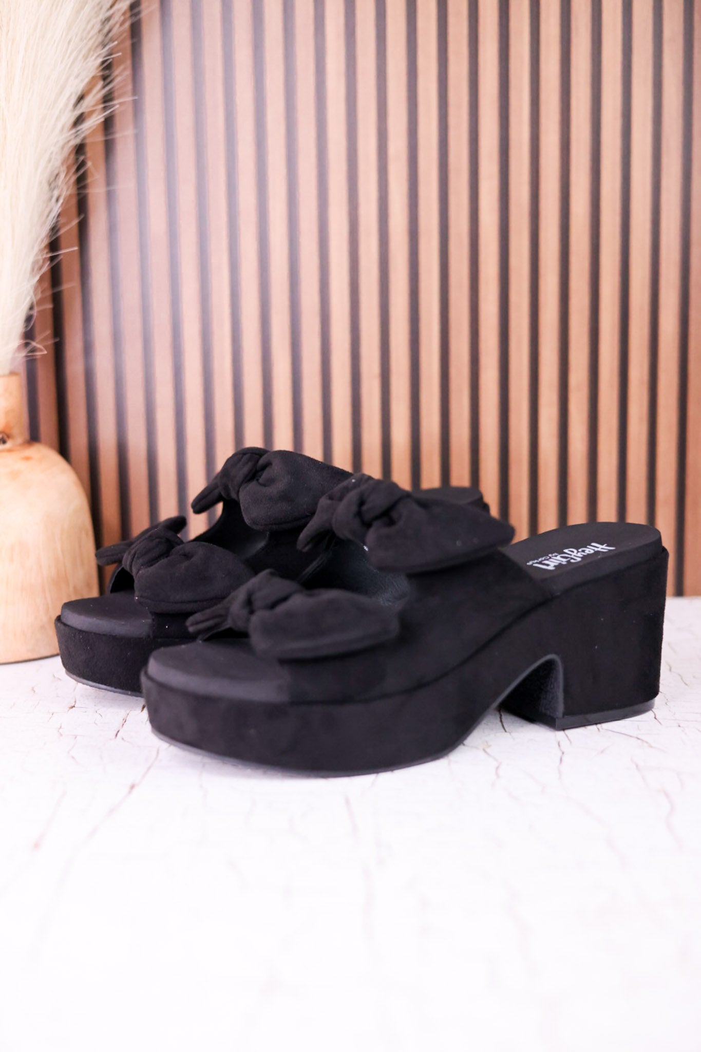 Put A Bow On It Black Faux Suede Platform Heels