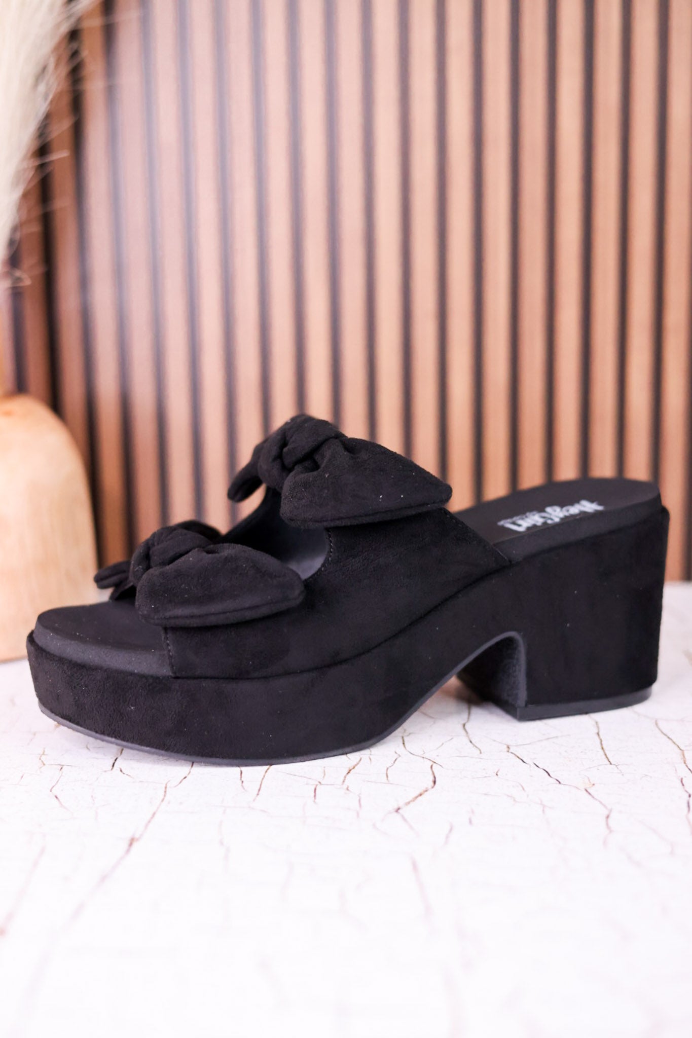 Put A Bow On It Black Faux Suede Platform Heels