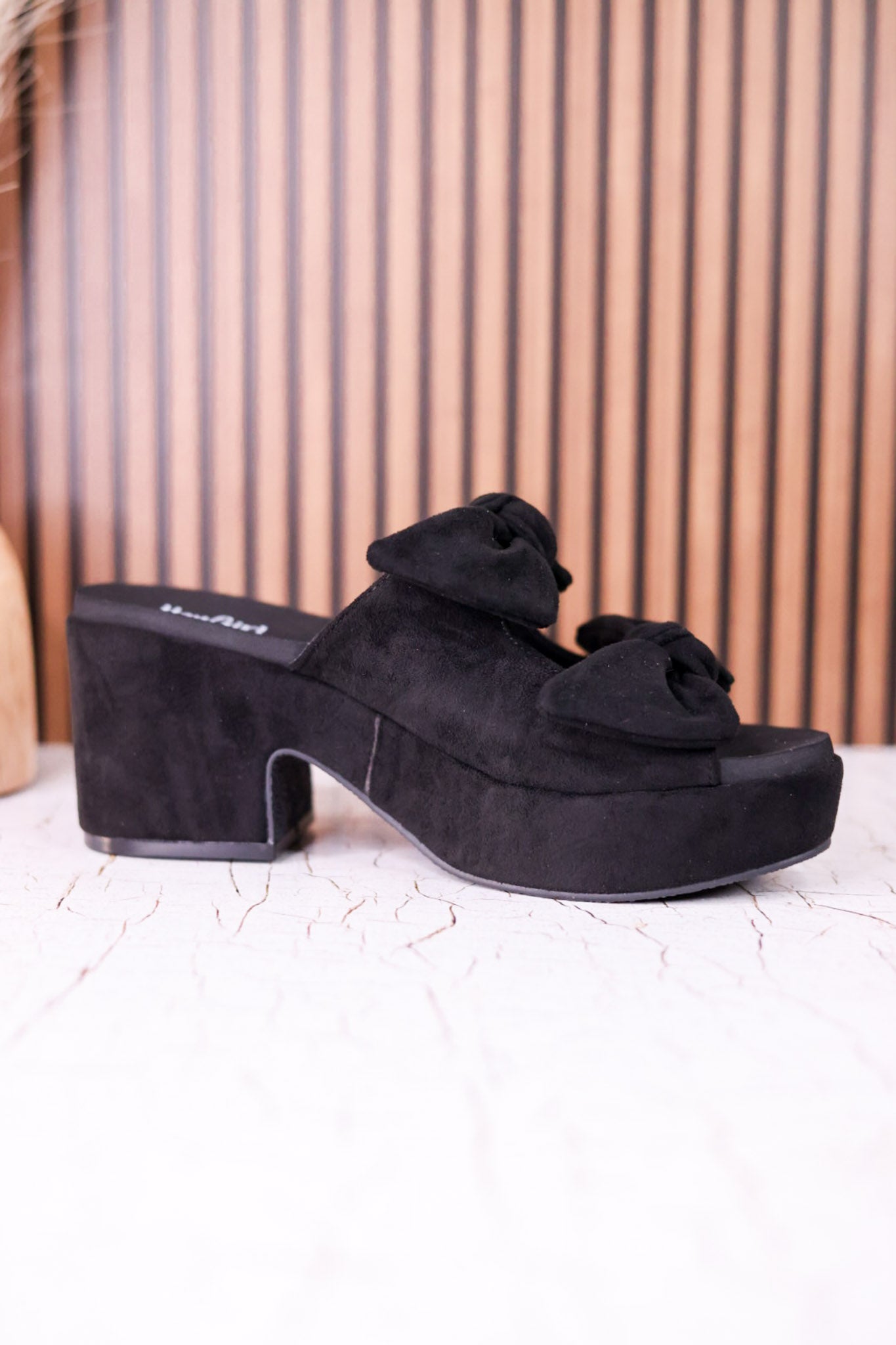 Put A Bow On It Black Faux Suede Platform Heels