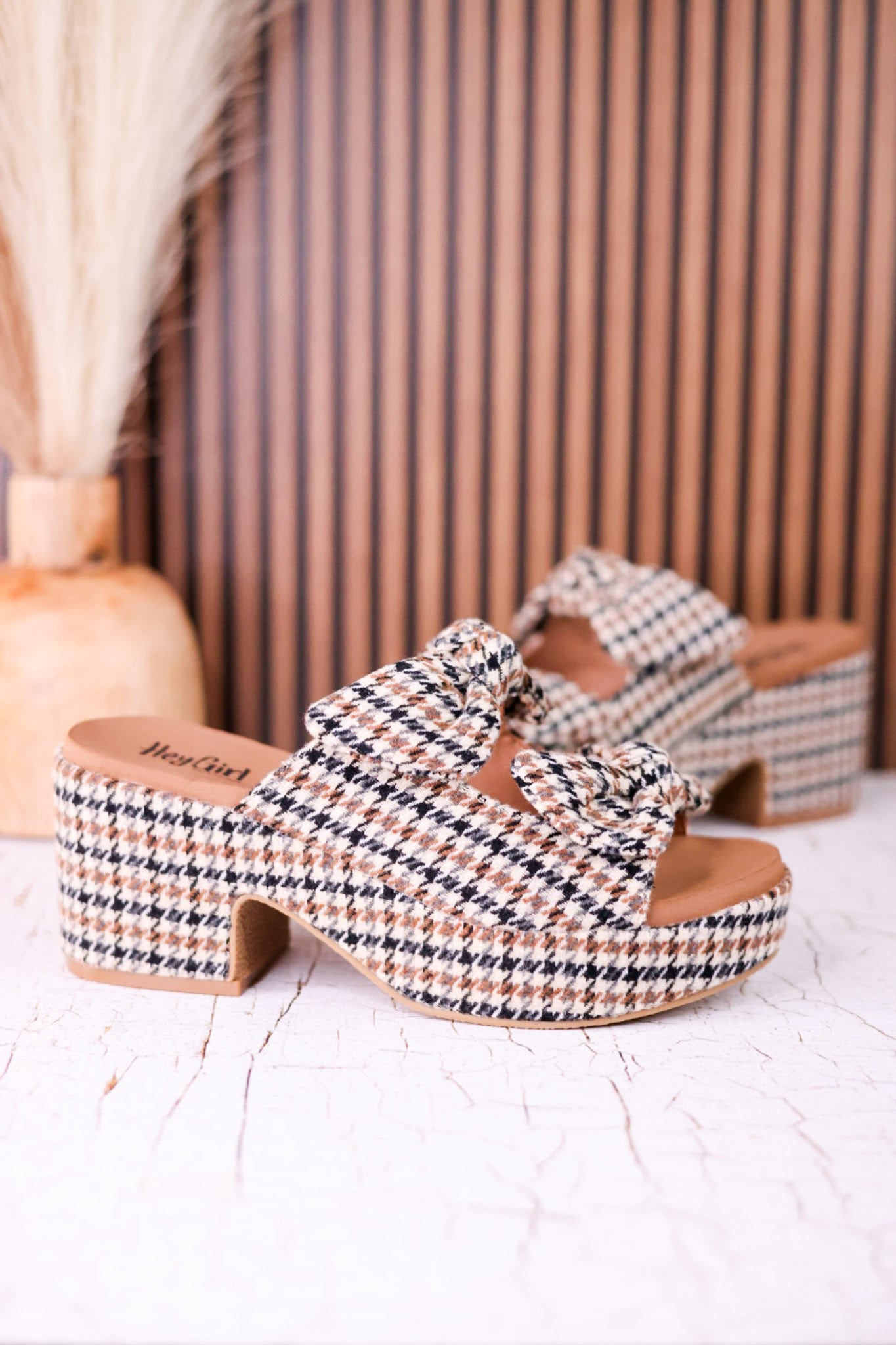 Put A Bow On It Black & Tan Houndstooth Platform Heels