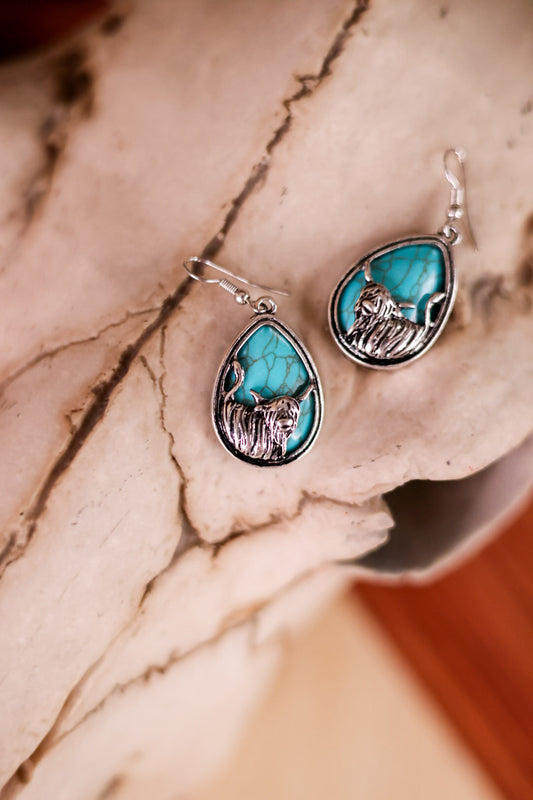 Turquoise Western Highland Cow Teardrop Dangle Earrings