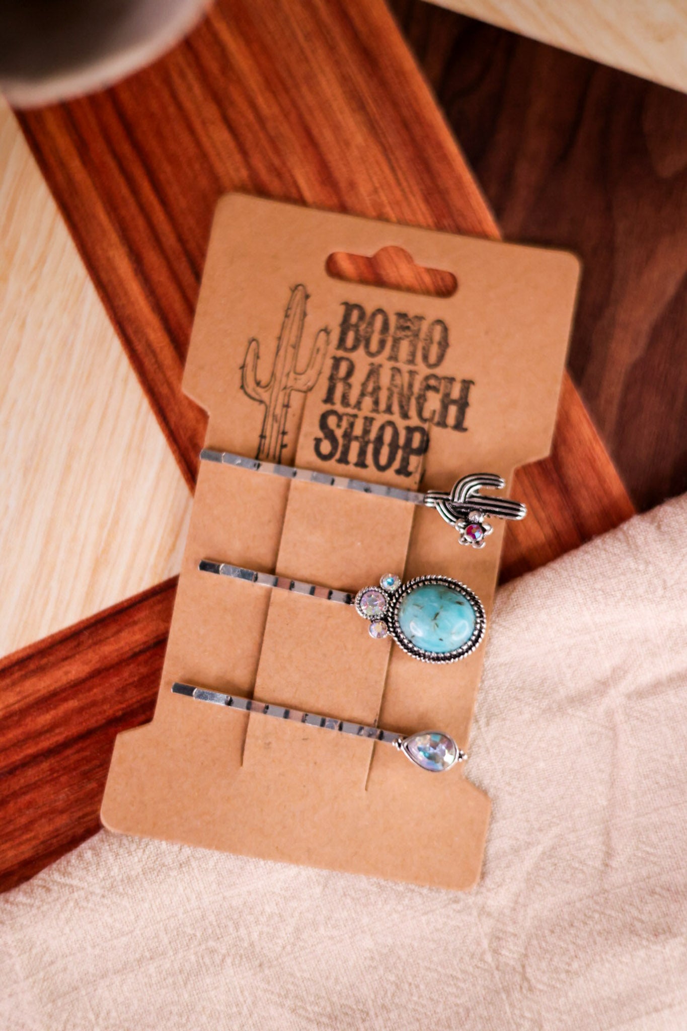 Western Hair Bobby Pins W/ Cactus & Turquoise (Set Of Three)