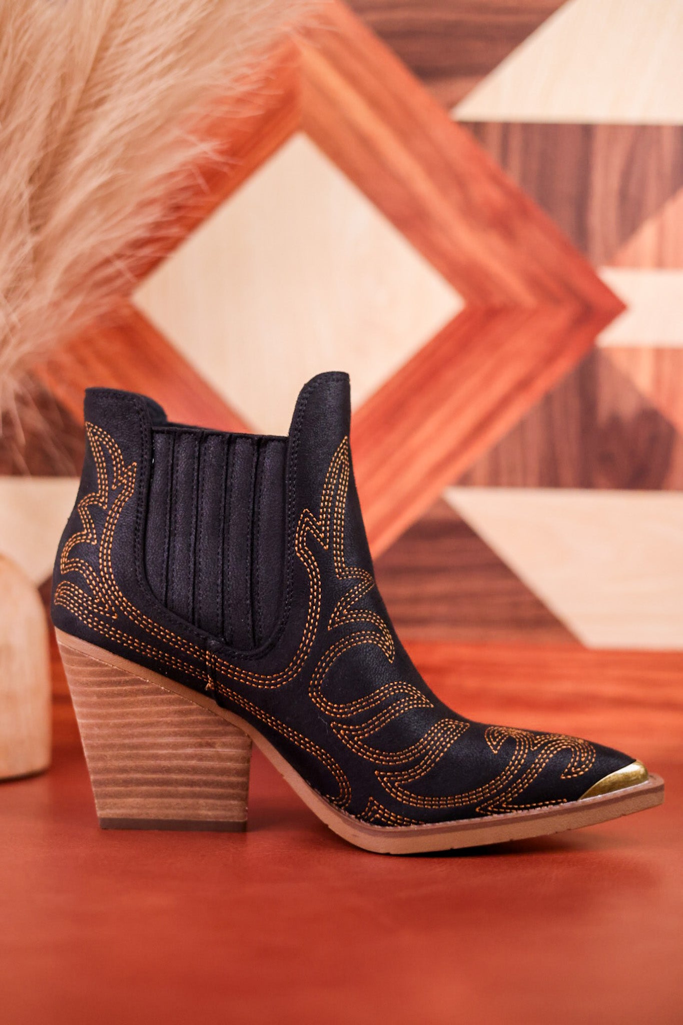 Roma Black Ankle Booties with Bronze Stitching