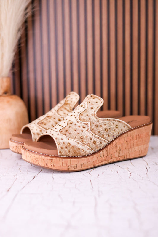 Neon Moon Tan Denim & Rhinestone Wedges