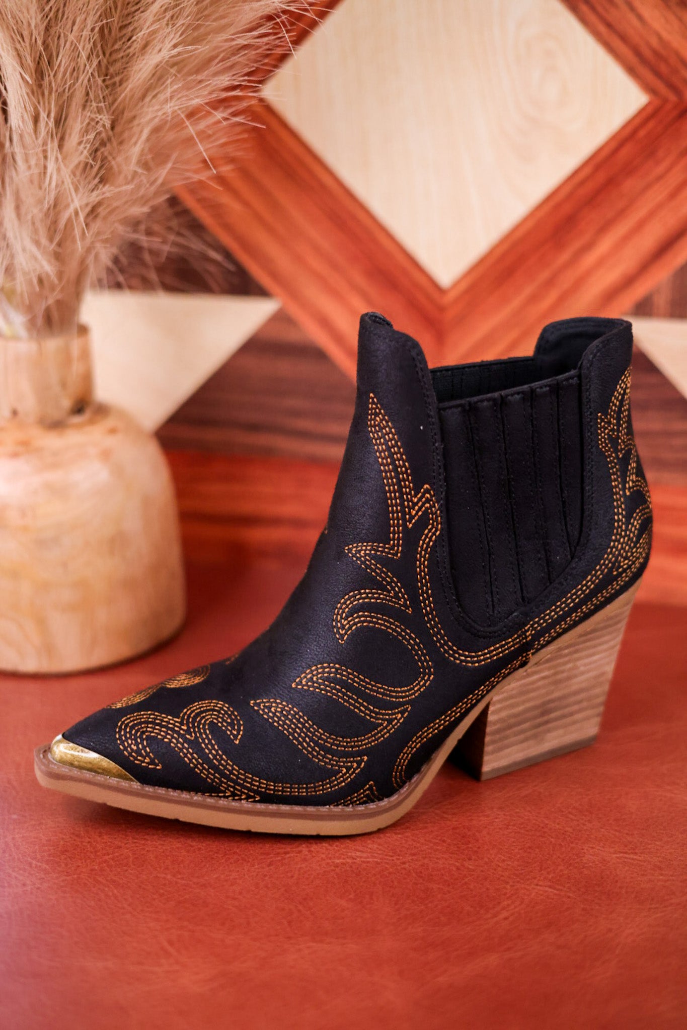 Roma Black Ankle Booties with Bronze Stitching