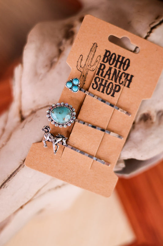 Western Hair Bobby Pins W/ Bronco & Turquoise (Set Of Three)