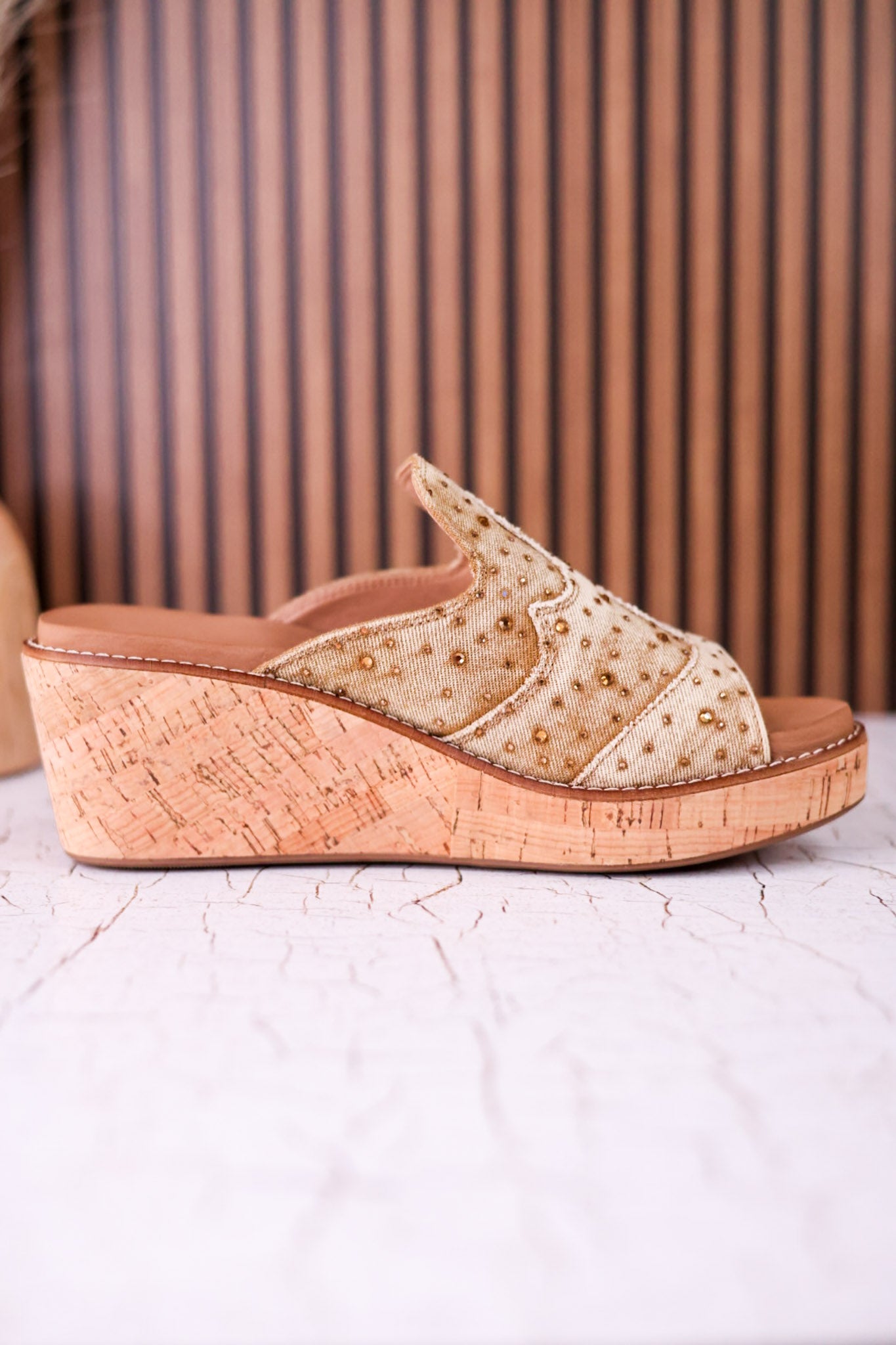 Neon Moon Tan Denim & Rhinestone Wedges