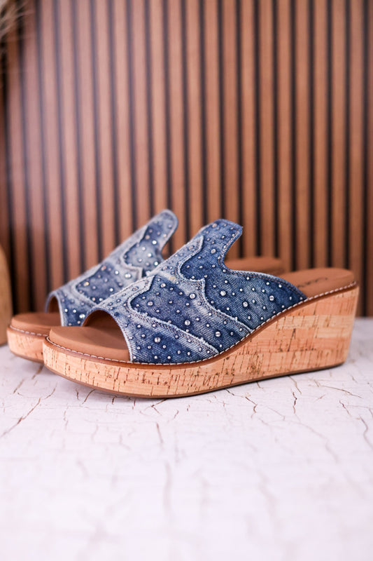 Neon Moon Blue Denim & Rhinestone Wedges