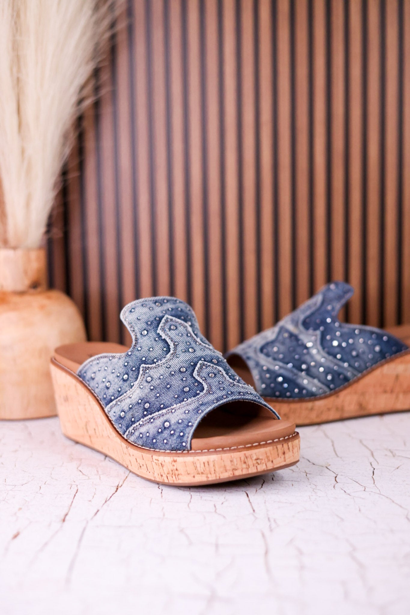 Neon Moon Blue Denim & Rhinestone Wedges