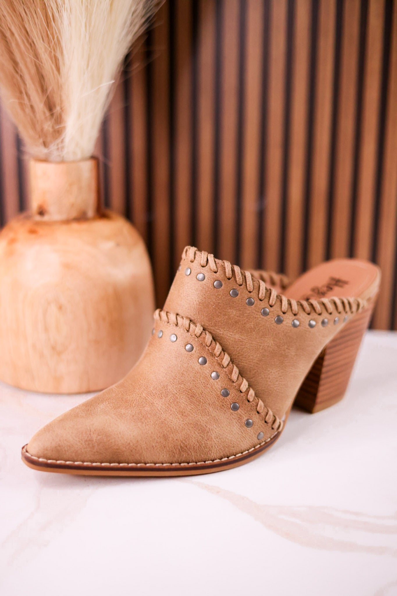 Blame The Bar Tan Mules With Stacked Heel