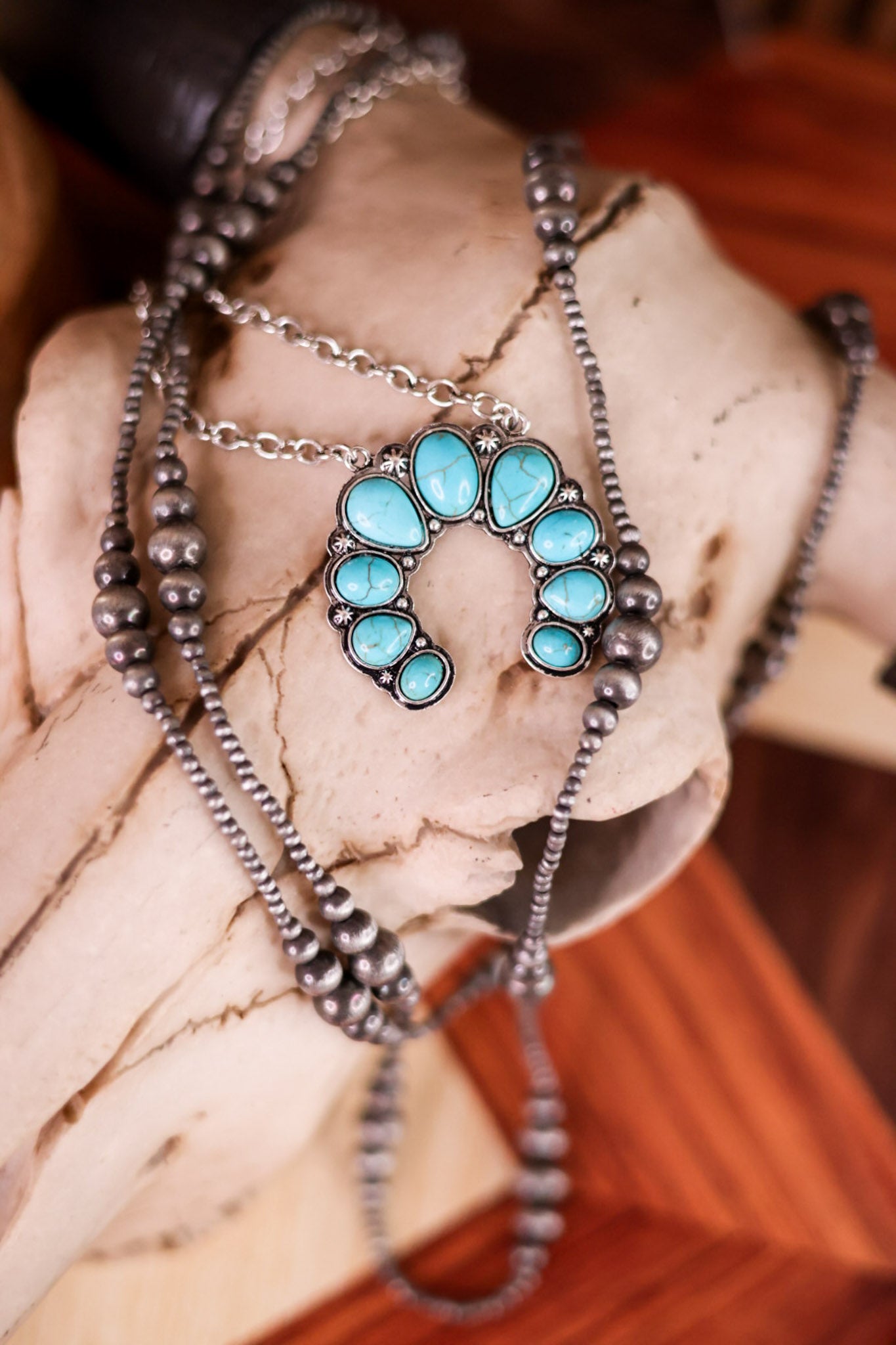 Layered Squash Blossom Pendant & Navajo Pearl Turquoise Necklace