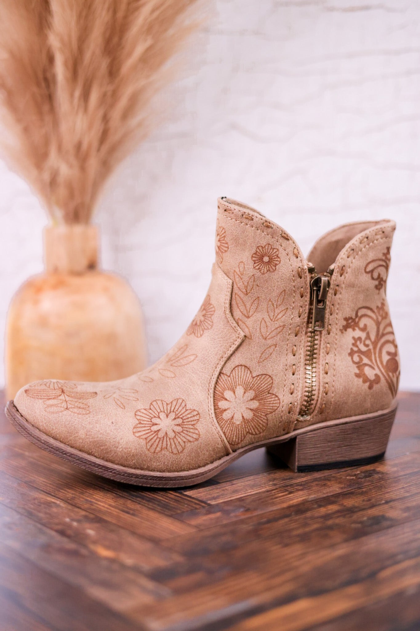 Drift Tan Ankle Booties with Floral Stitching
