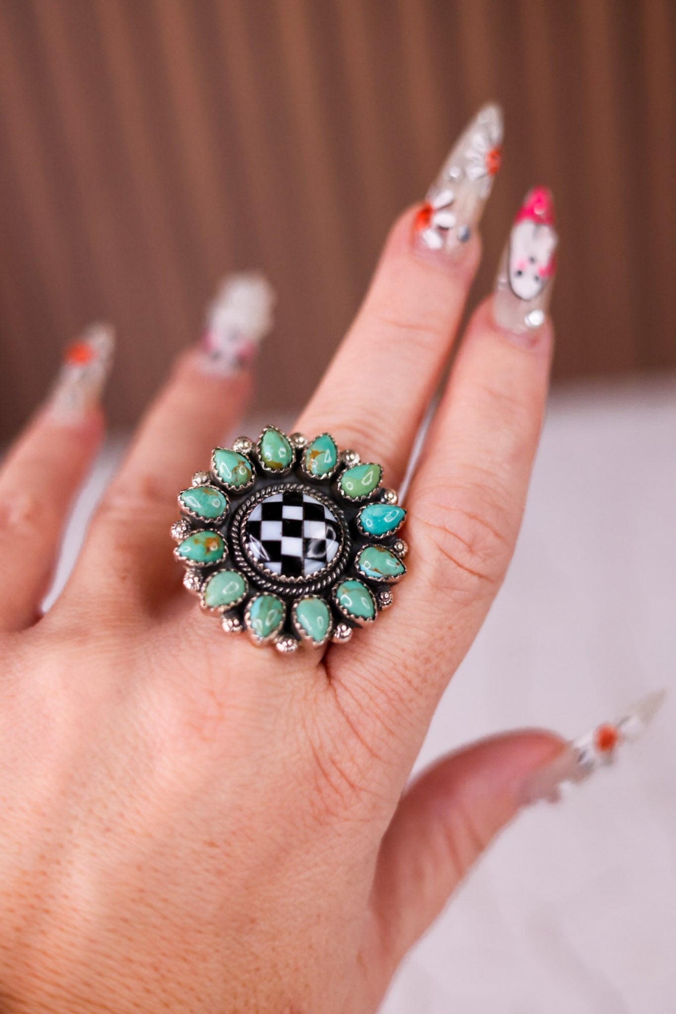 Turquoise & Checkered Sunflower Ring