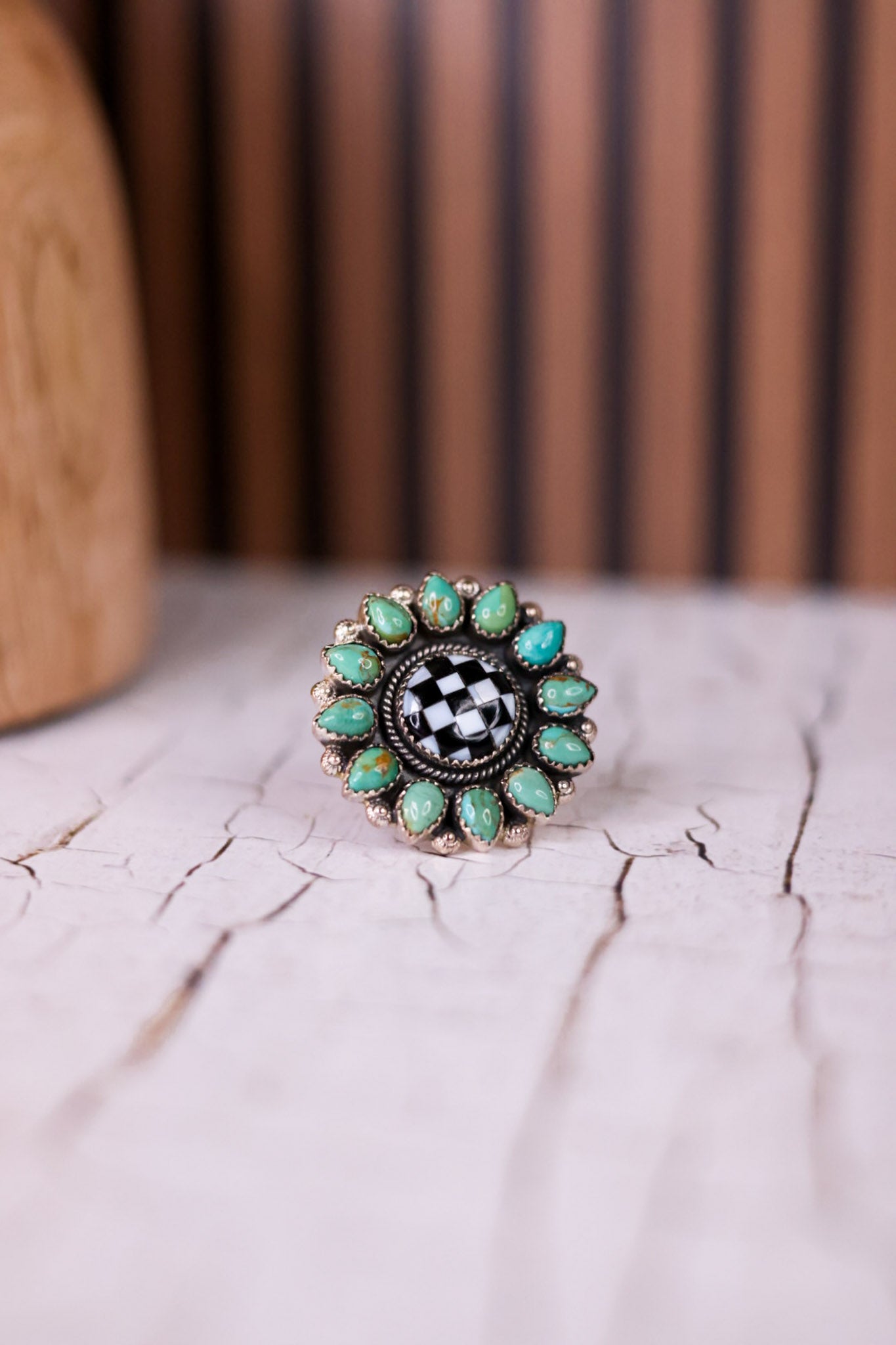 Turquoise & Checkered Sunflower Ring
