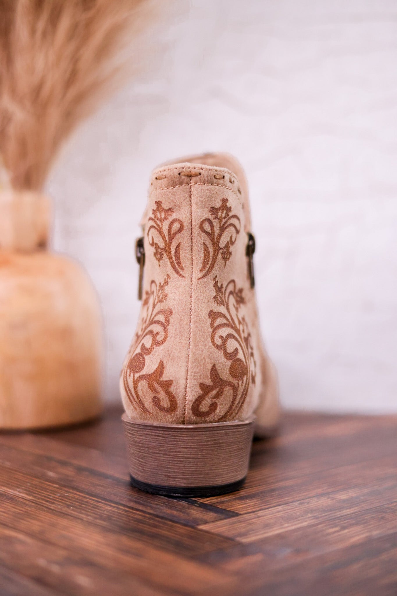 Drift Tan Ankle Booties with Floral Stitching