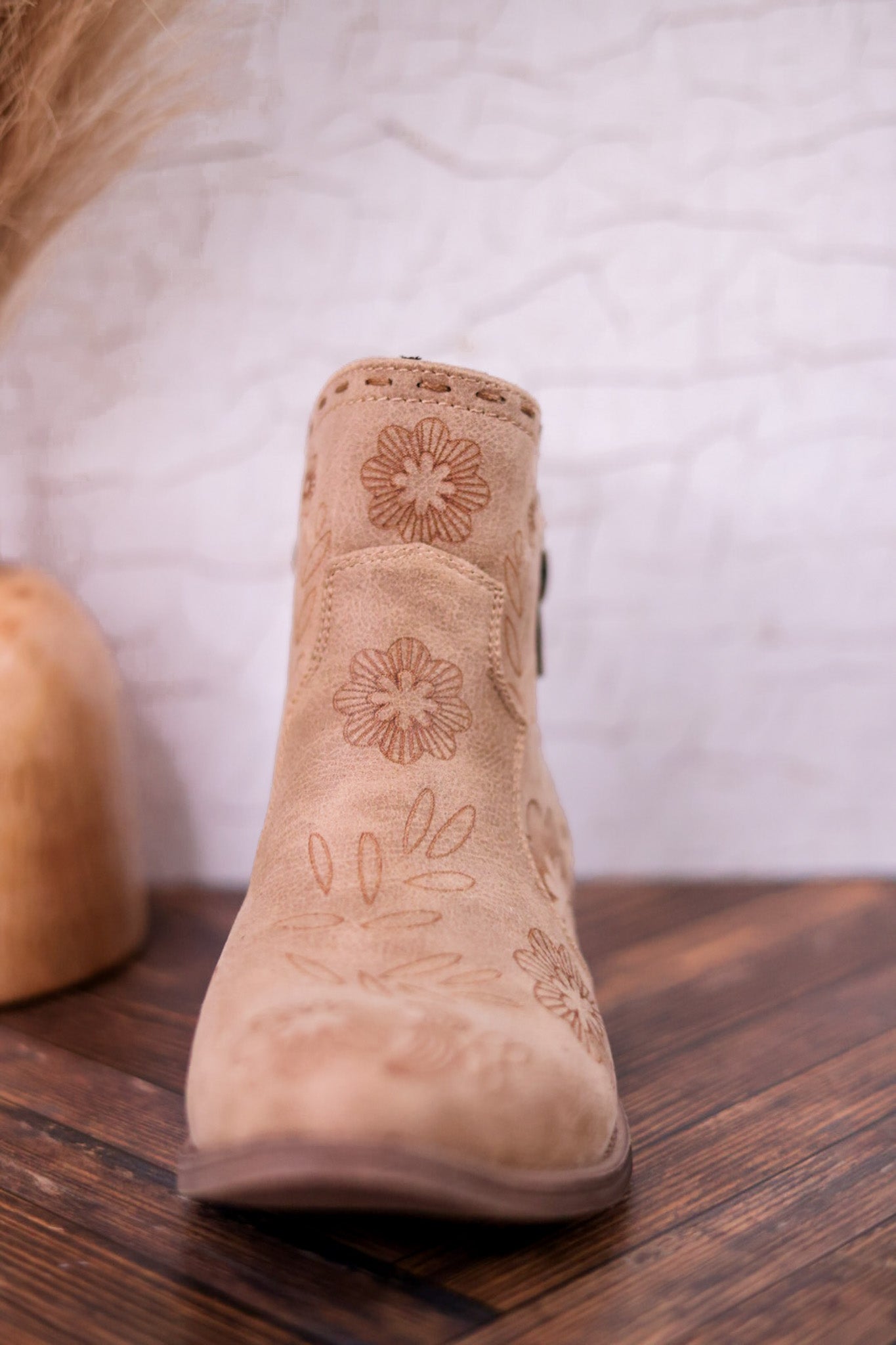 Drift Tan Ankle Booties with Floral Stitching