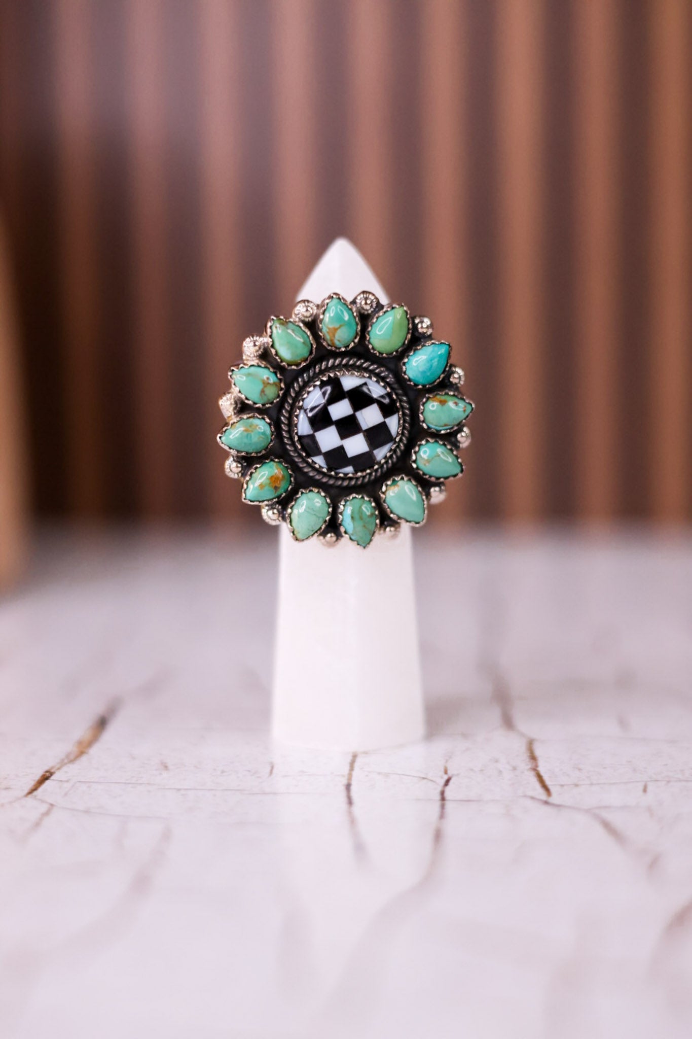 Turquoise & Checkered Sunflower Ring