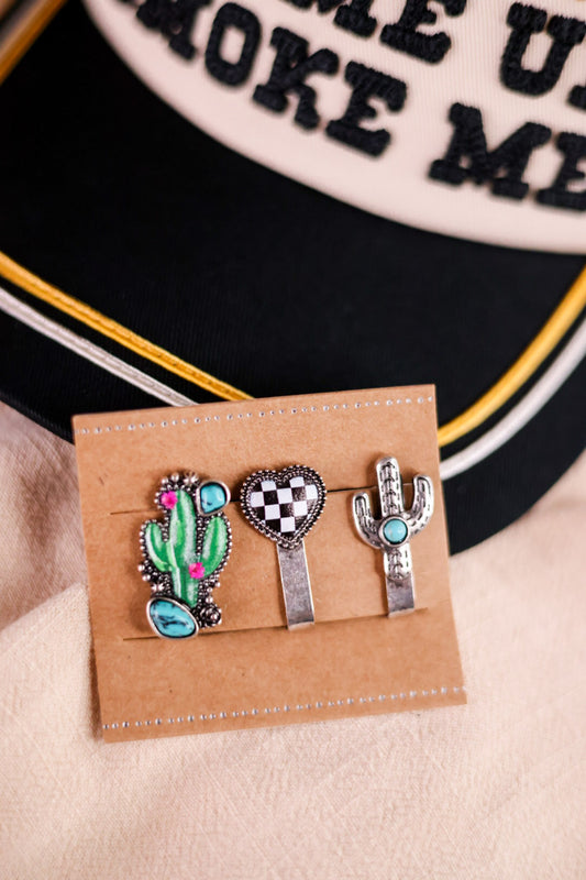 Western Slip On Hat Charm W/ Cactus & Checkered Heart (Set Of Three)