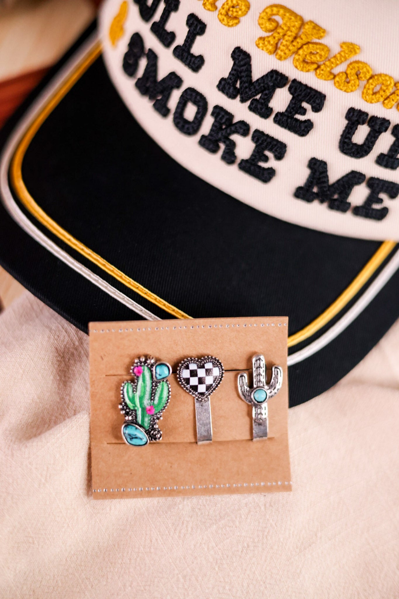 Western Slip On Hat Charm W/ Cactus & Checkered Heart (Set Of Three)