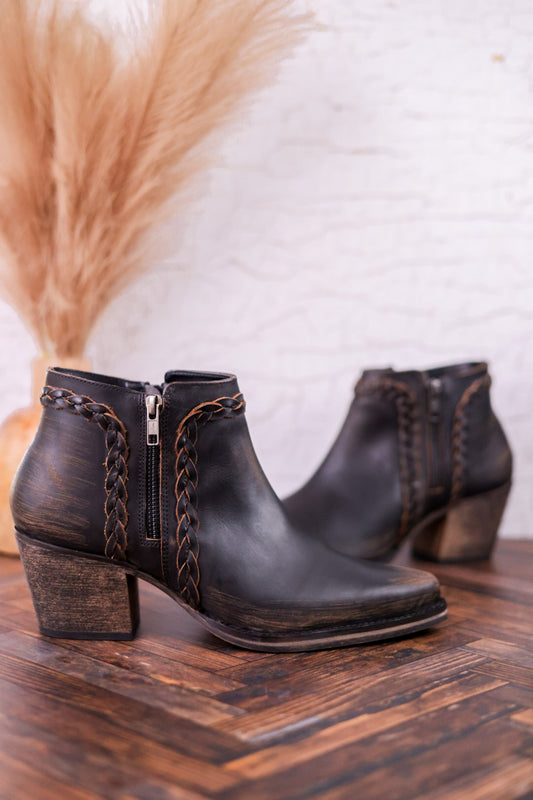 Black Distressed Leather Ankle Booties with Braided Detail