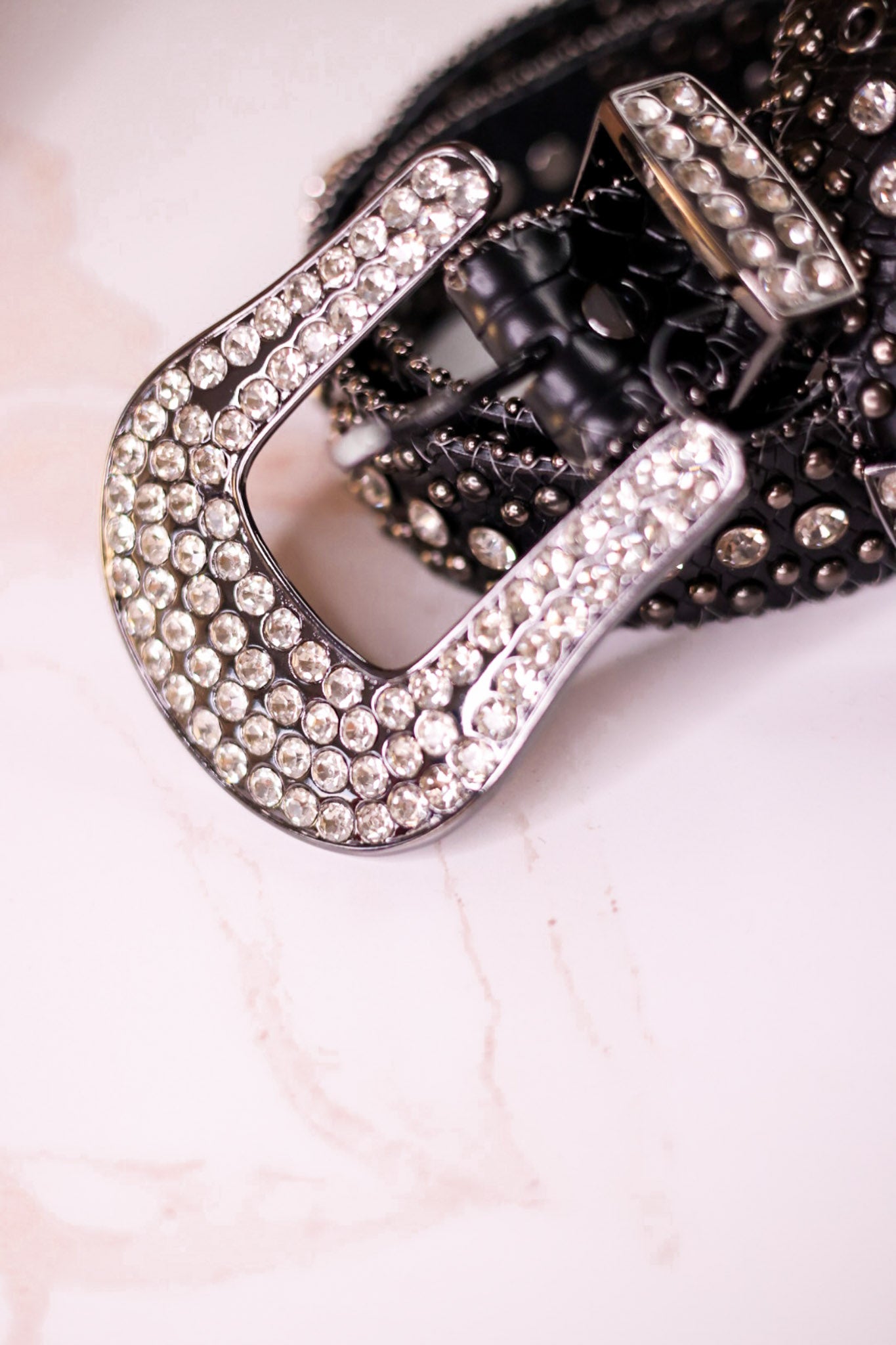 Rhinestone Skull Studded Black Leather Belt