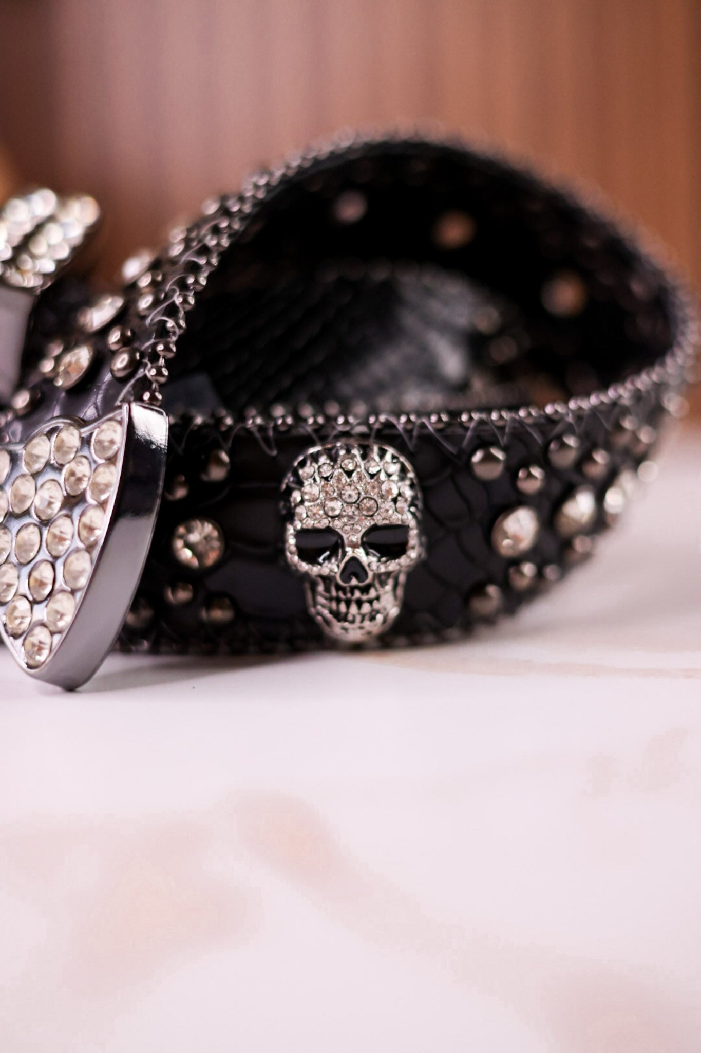Rhinestone Skull Studded Black Leather Belt