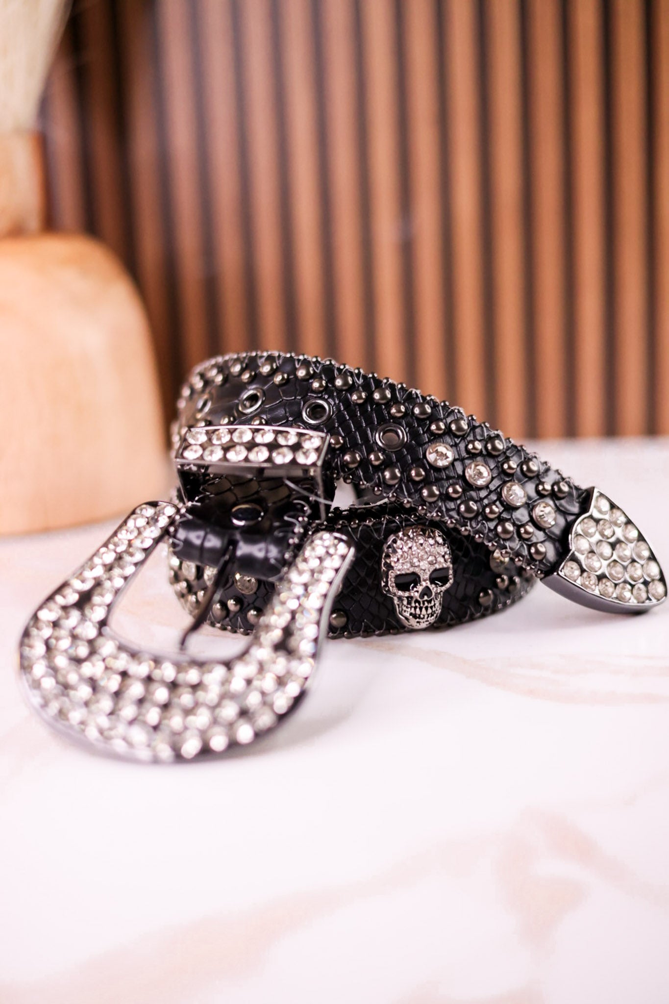 Rhinestone Skull Studded Black Leather Belt