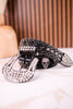 Rhinestone Skull Studded Black Leather Belt