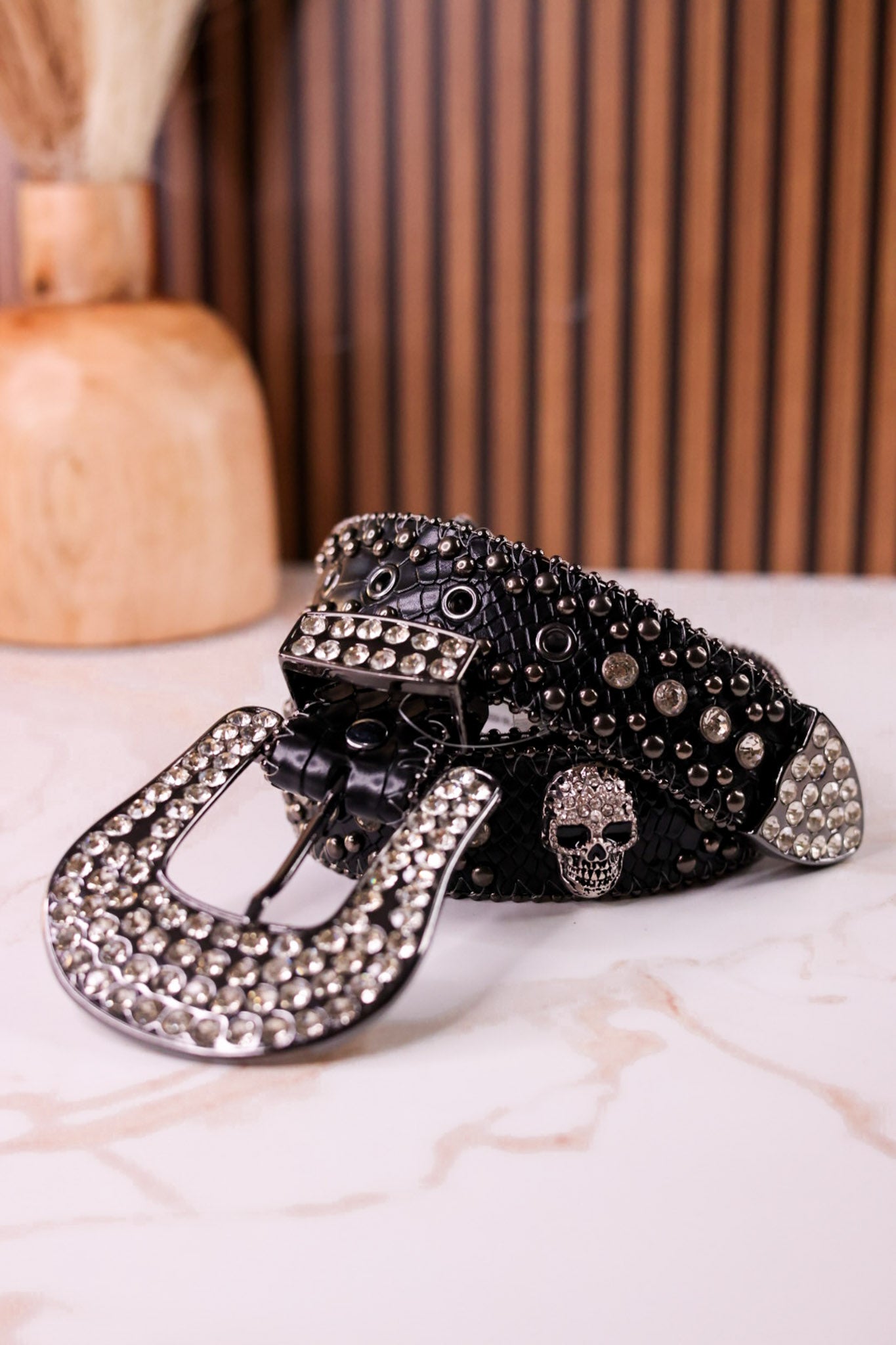 Rhinestone Skull Studded Black Leather Belt