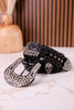Rhinestone Skull Studded Black Leather Belt