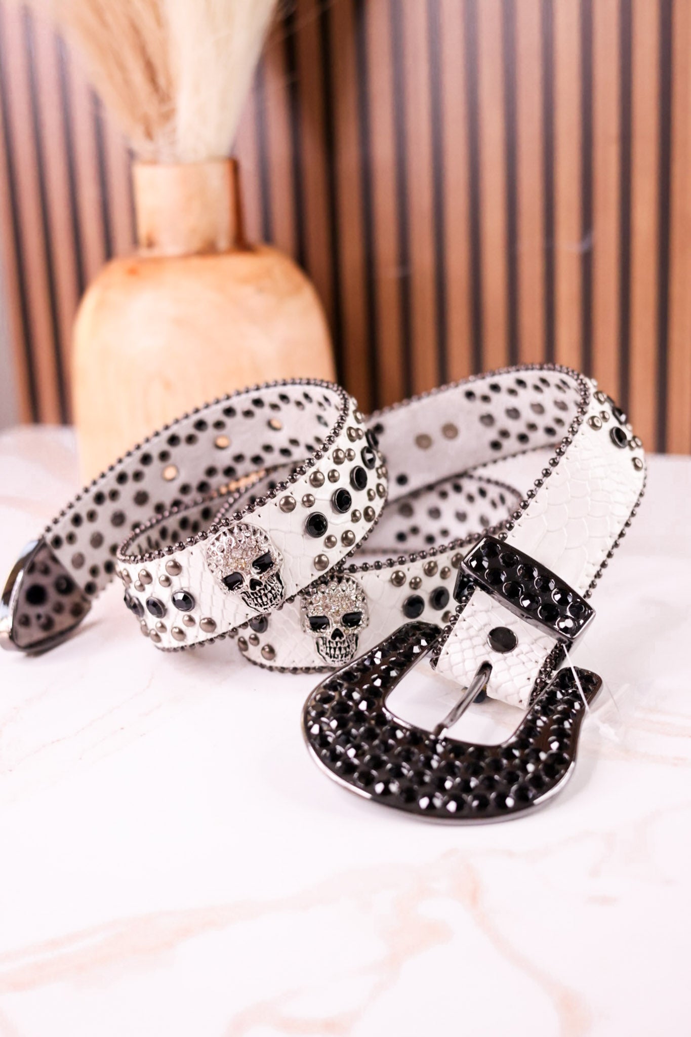 Rhinestone Skull Studded White Leather Belt