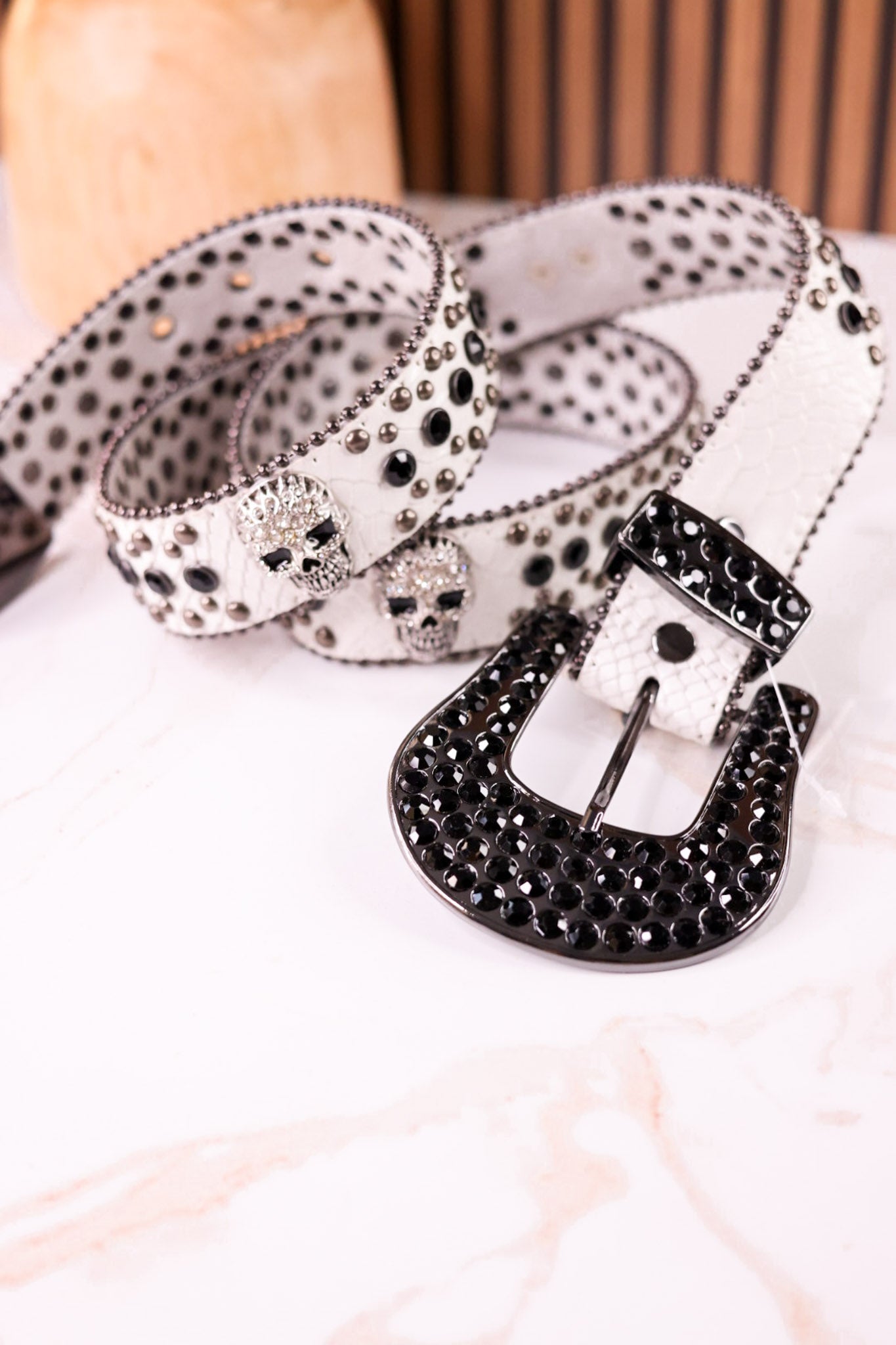 Rhinestone Skull Studded White Leather Belt