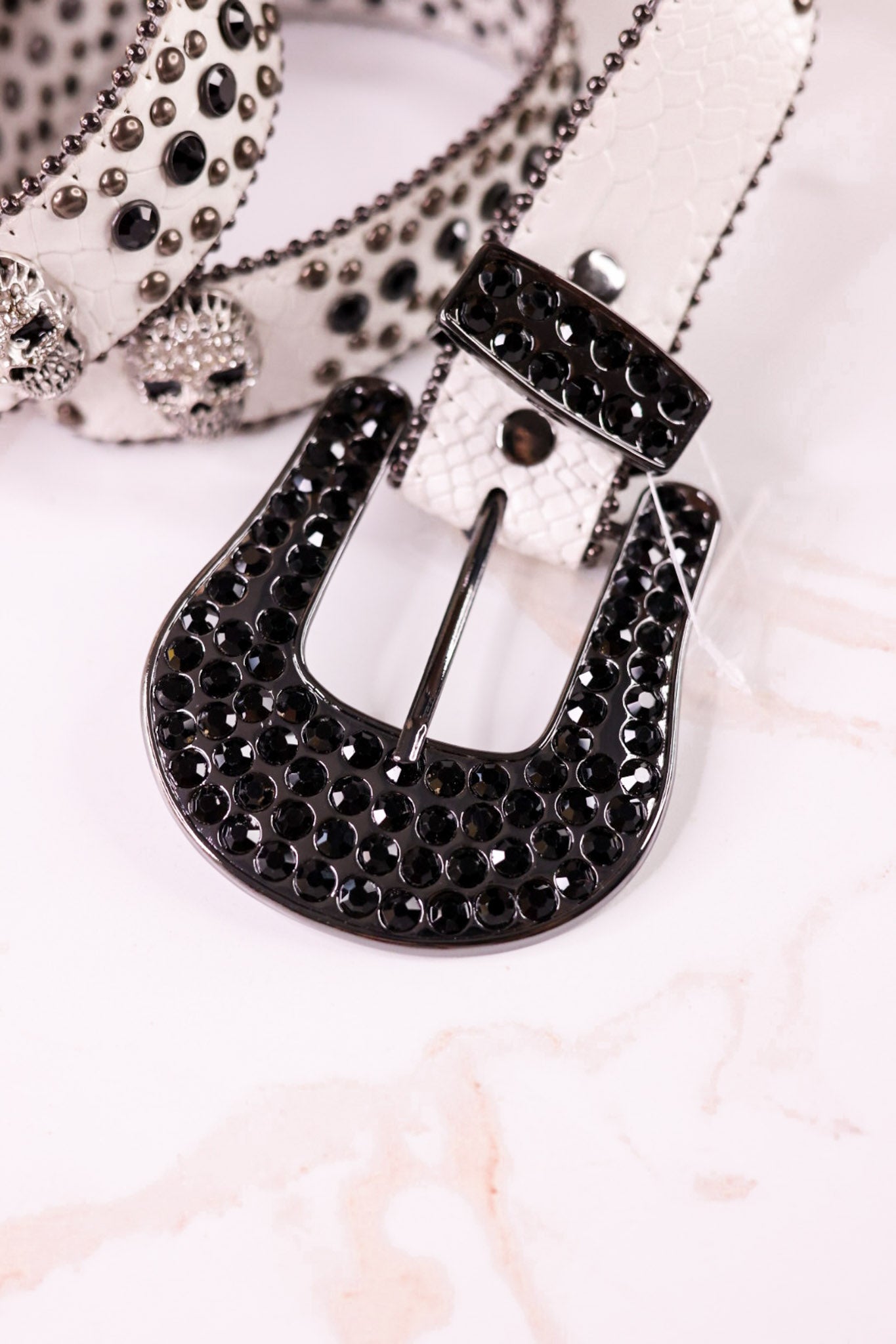 Rhinestone Skull Studded White Leather Belt