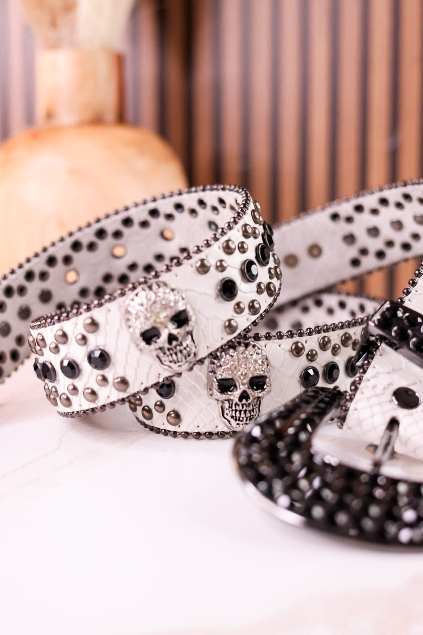 Rhinestone Skull Studded White Leather Belt