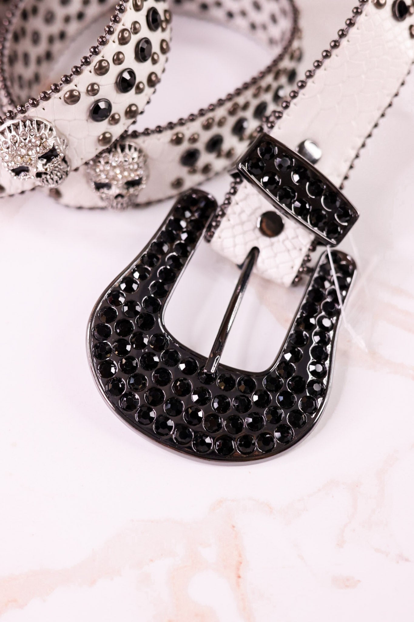 Rhinestone Skull Studded White Leather Belt