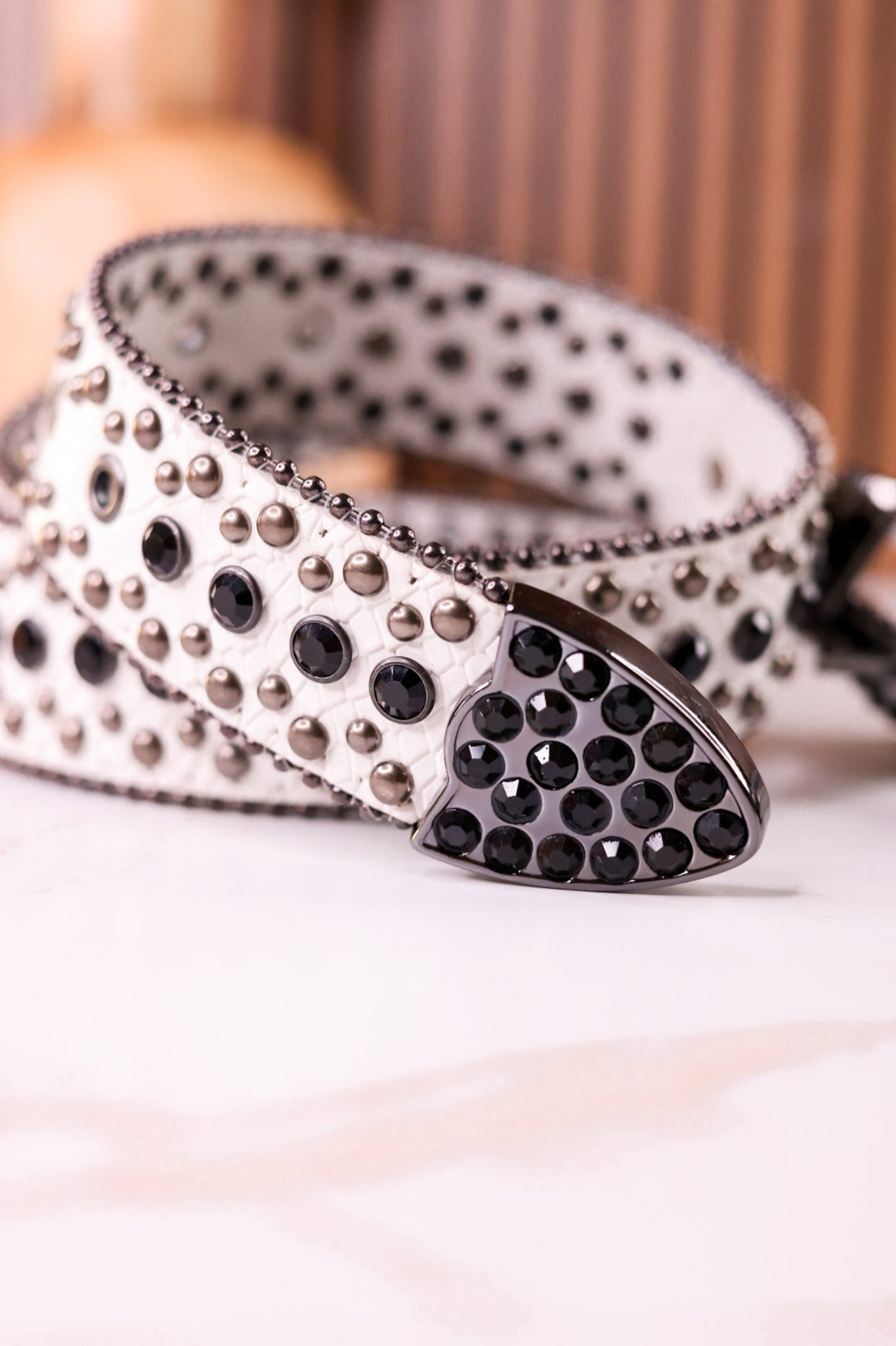Rhinestone Skull Studded White Leather Belt