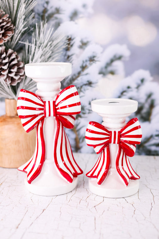 Candlestick Holder With Peppermint Striped Bow (2 Sizes)