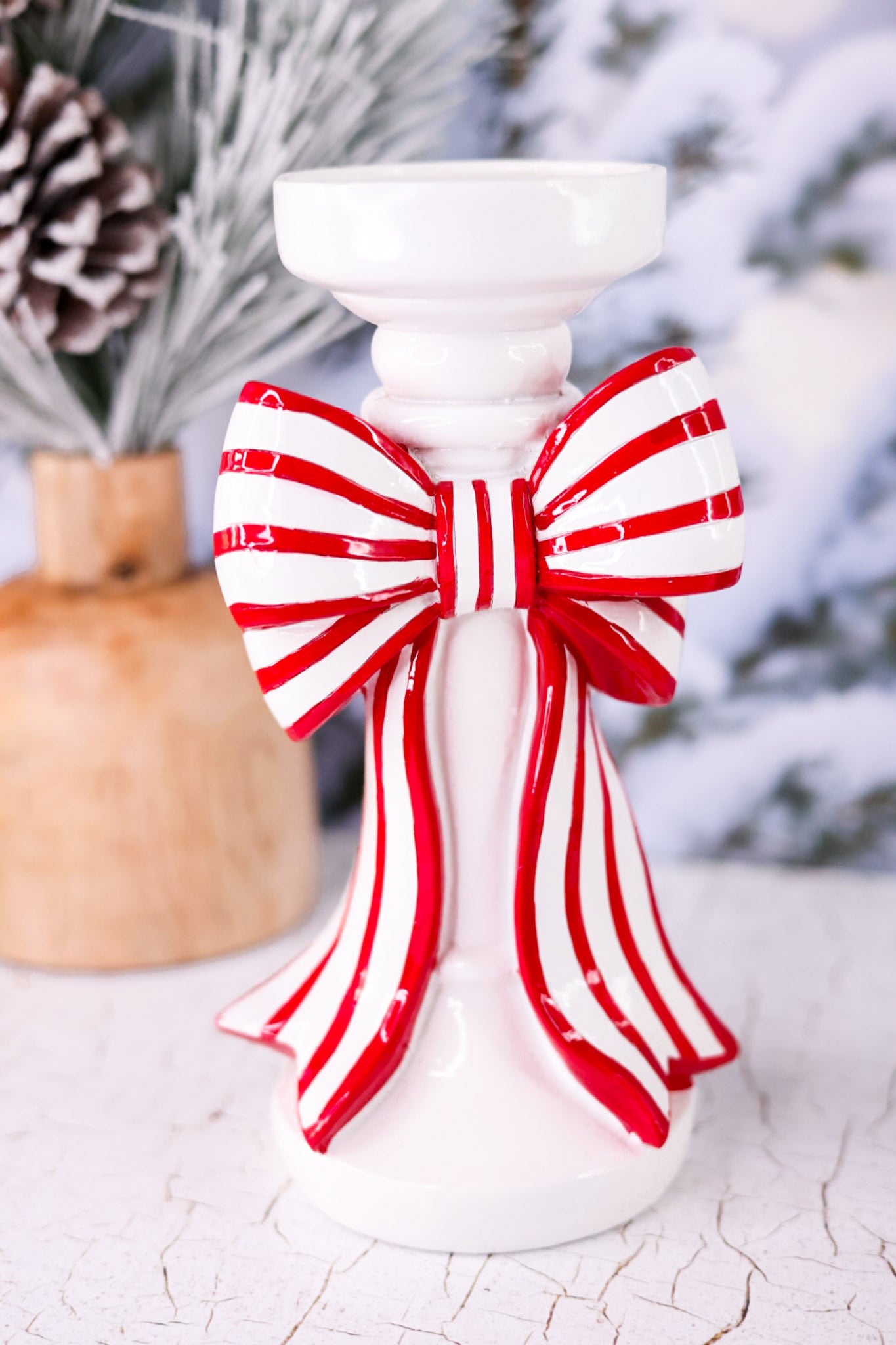 Candlestick Holder With Peppermint Striped Bow (2 Sizes)