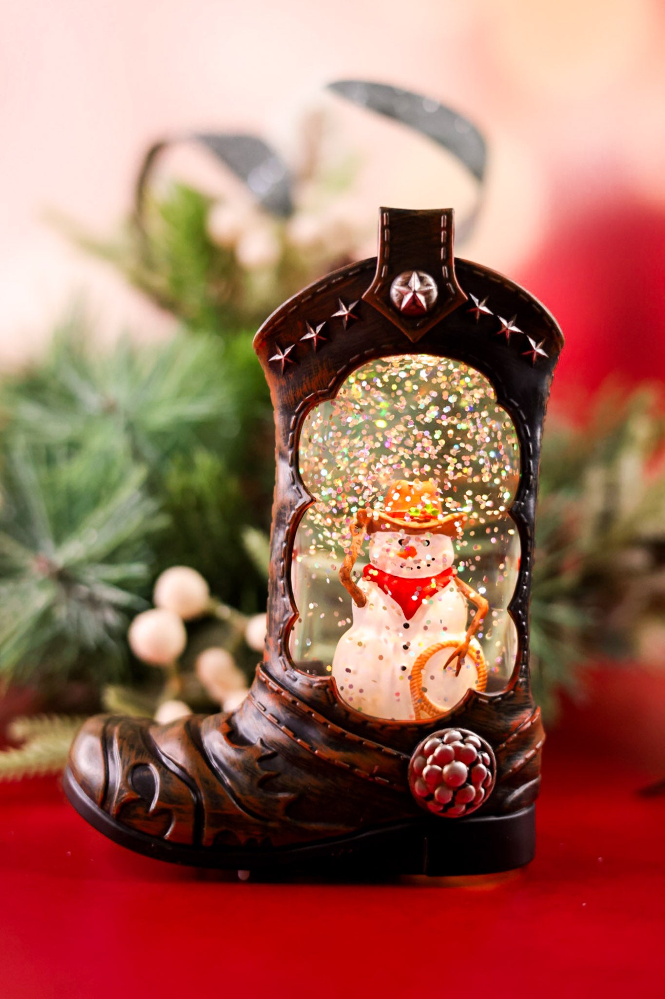 5.75" Snowman Cowboy Boot Glittering LED Snowglobe