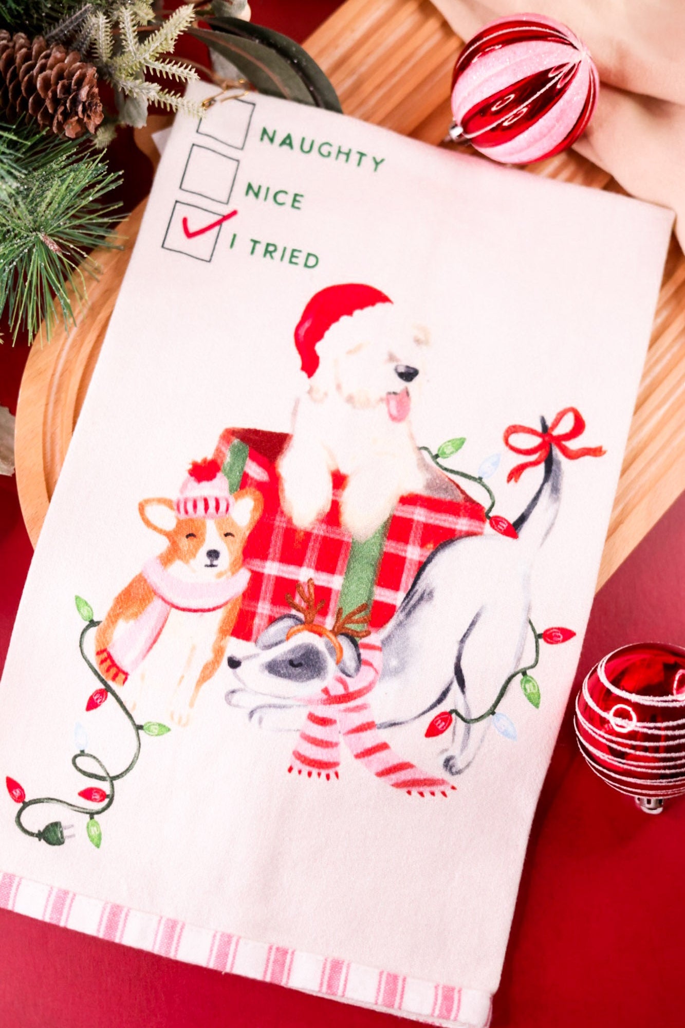 Naughty Or Nice Dogs Towel With Striped Hem