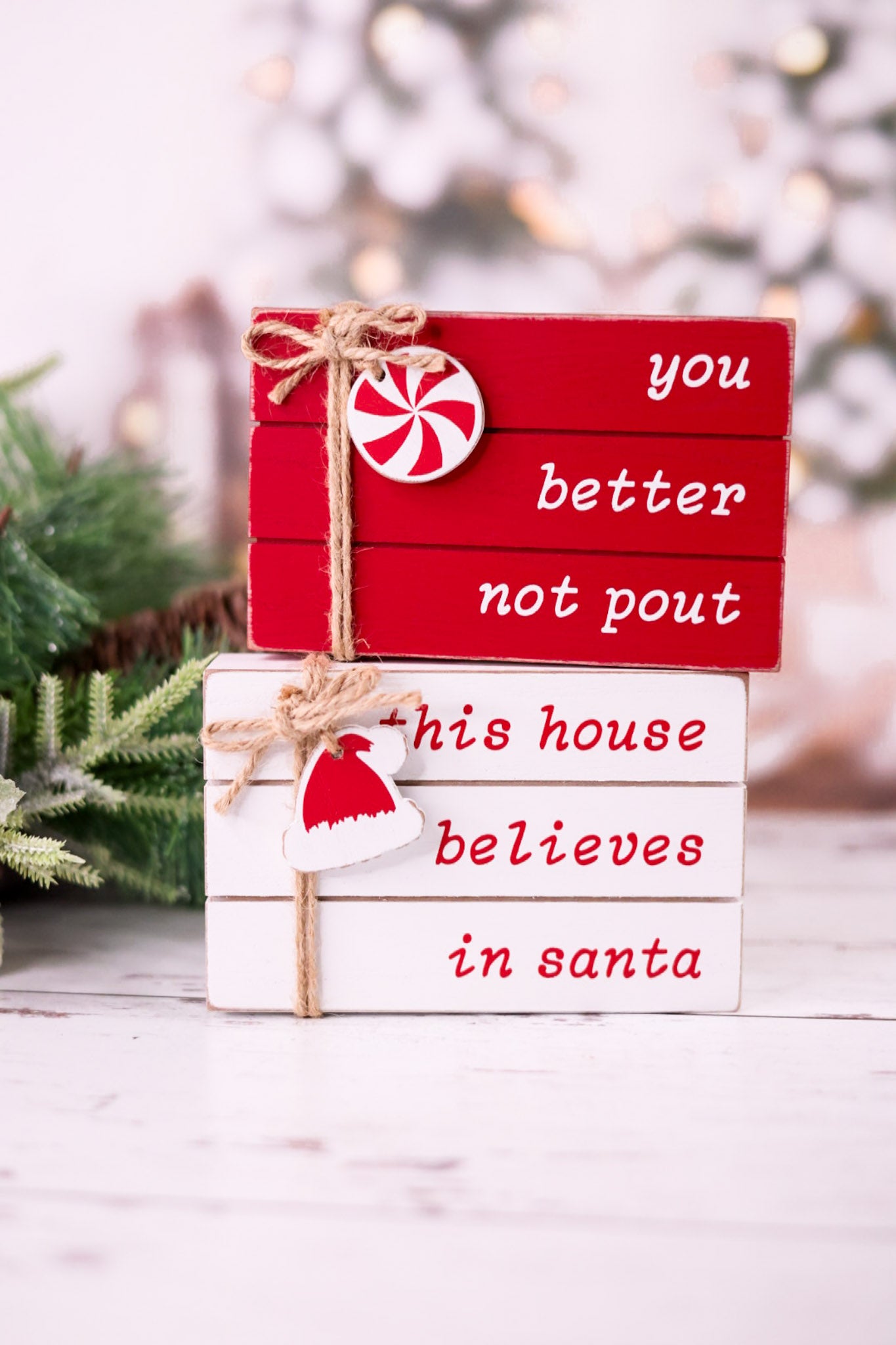 Christmas Wooden Blocks With Twine & Charm (2 Styles)