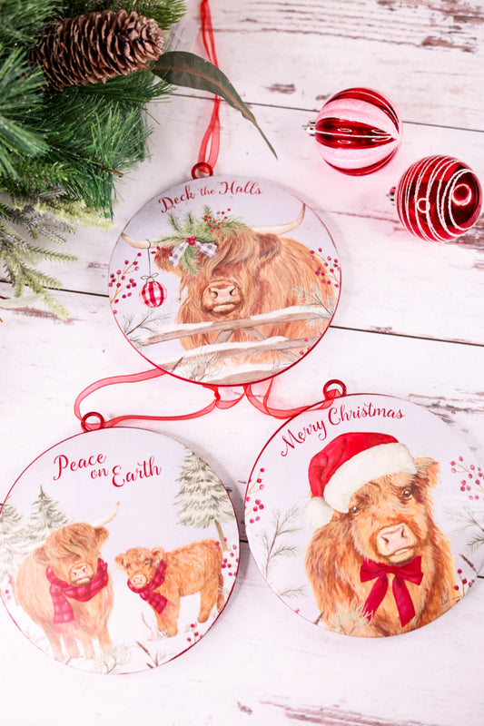 6" Christmas Highland Cow Metal Disc Ornament (3 Styles)