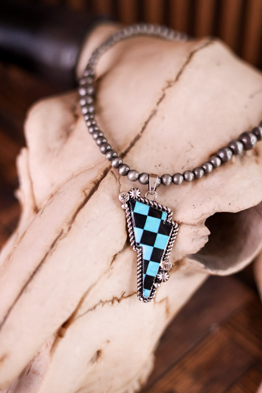 Turquoise and Black Checkered Lightning Bolt Pendant Necklace