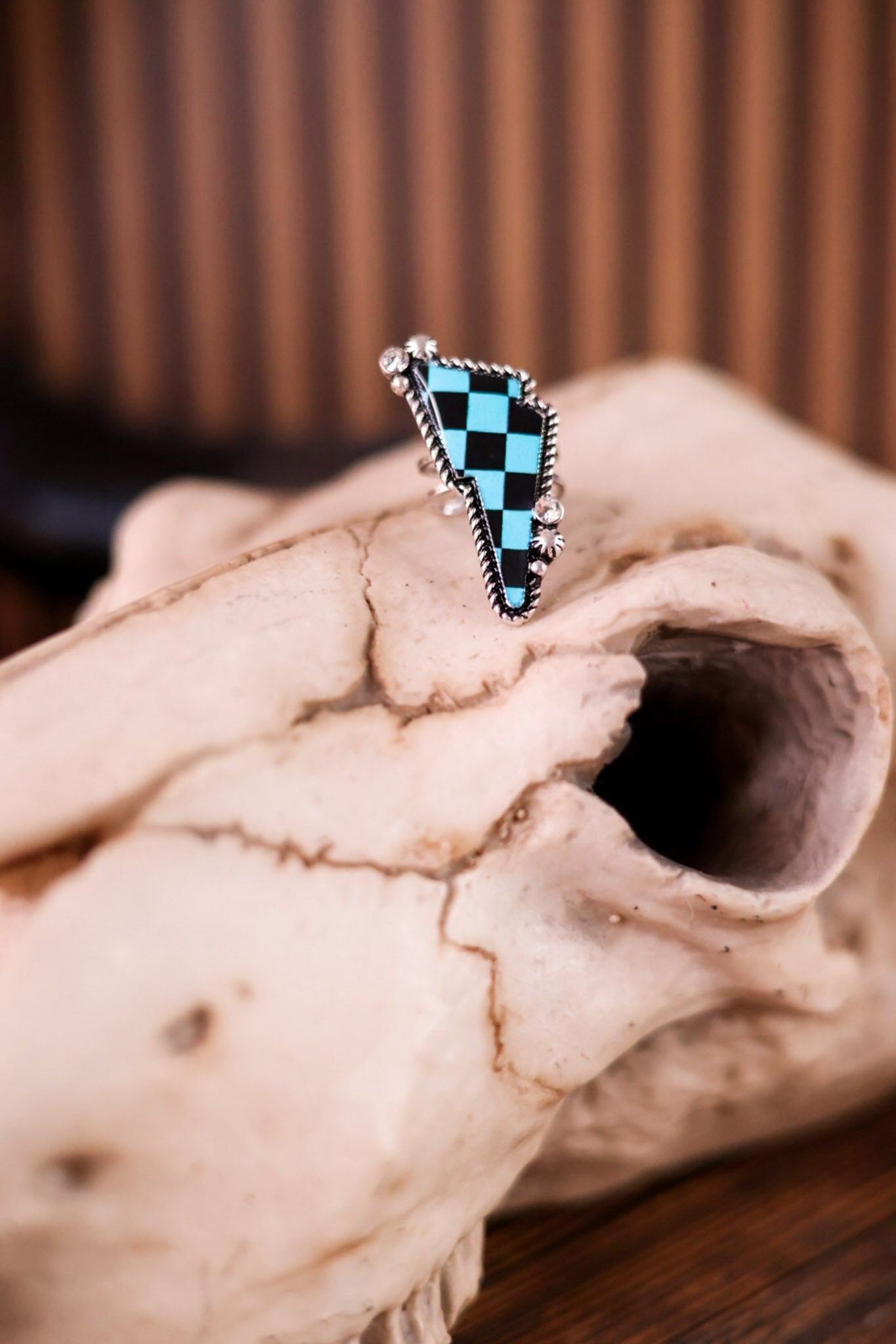 Turquoise and Black Checkered Lightning Bolt Ring
