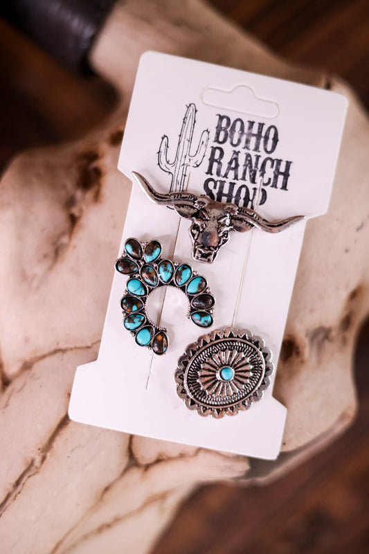 Magnetic Western Inspired Hat Pins in Silver and Turquoise