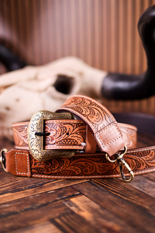 Brown Western Inspired Tooled Leather Purse Strap