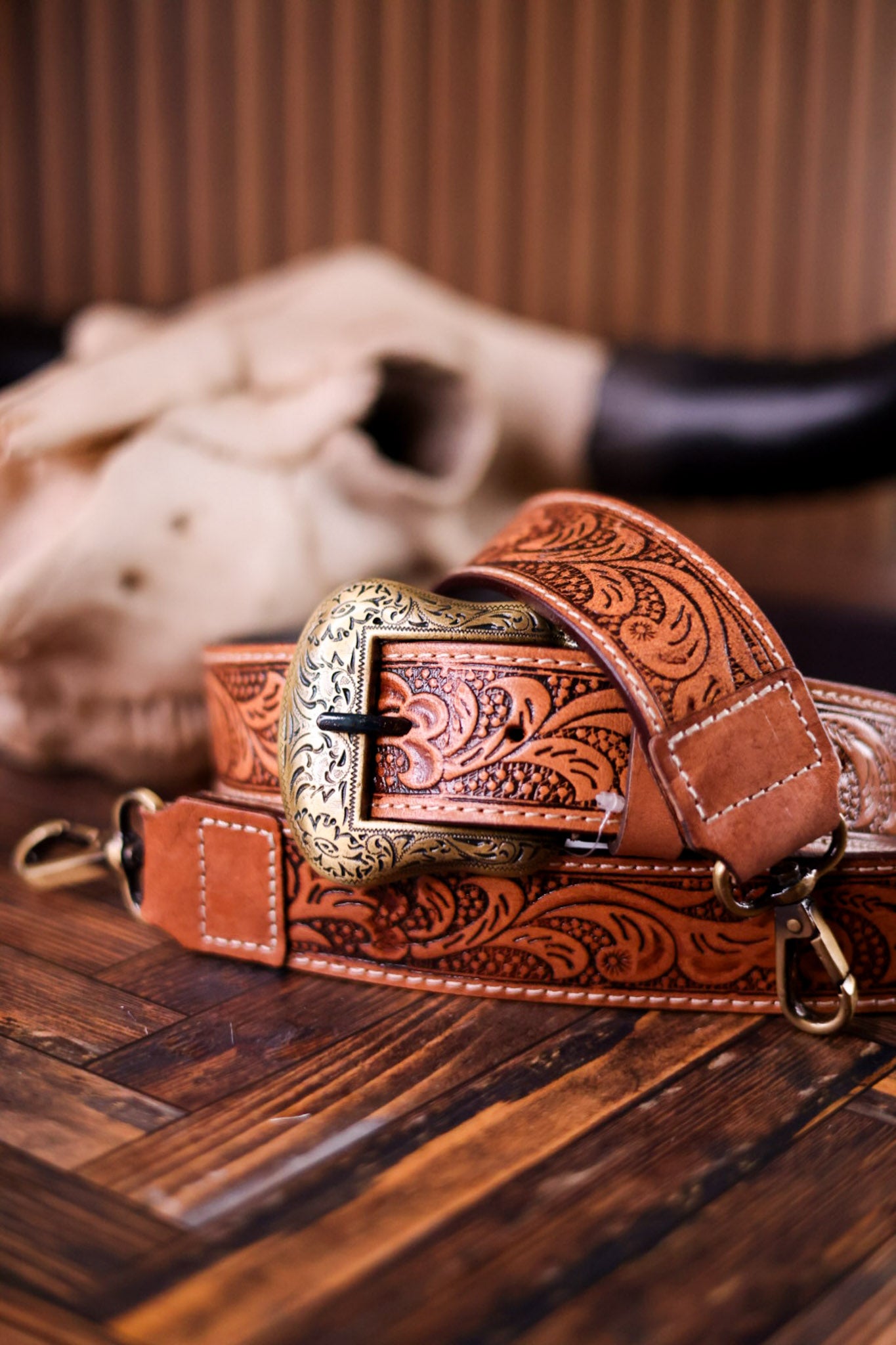 Brown Western Inspired Tooled Leather Purse Strap